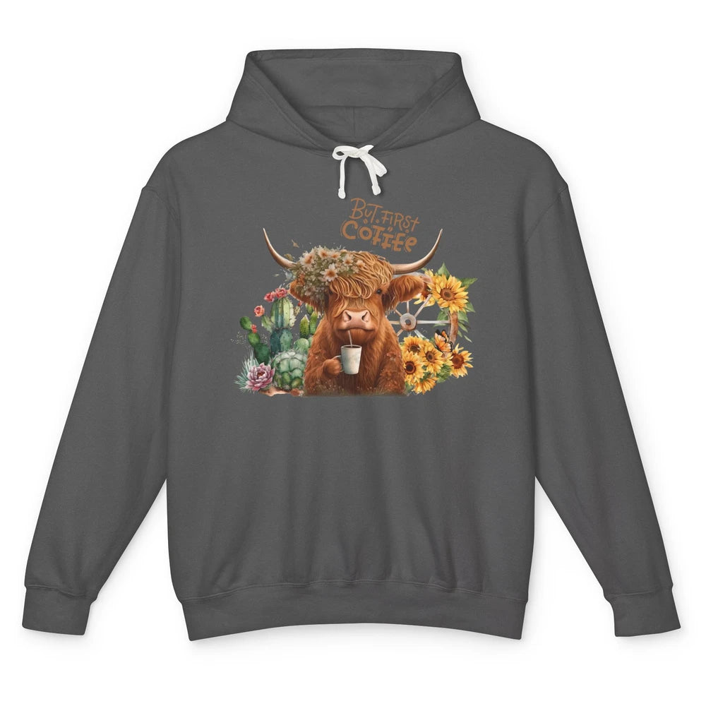 Desert Highland Cow But First Coffee Western Country Animal Unisex Lightweight Hoodie