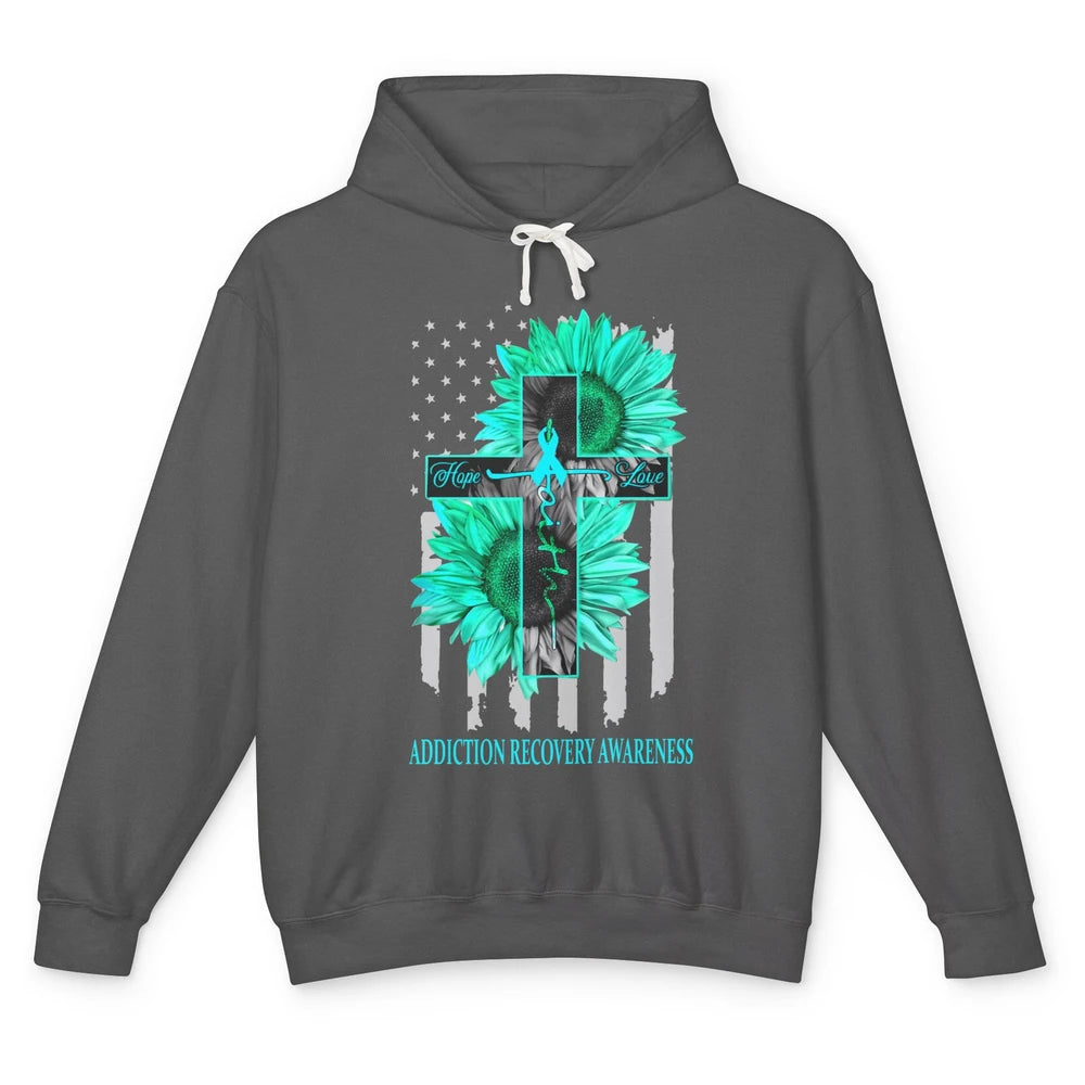 Addiction Recovery Faith Hope Love Teal US Flag Jesus Cross Unisex Lightweight Hoodie