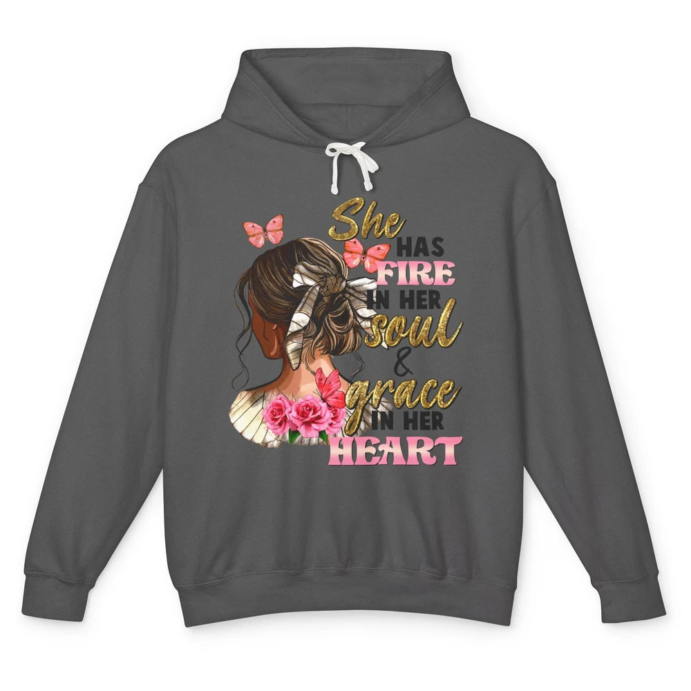 Messy Bun She Has Fire In Her Soul Grace In Heart Christian Unisex Lightweight Hoodie