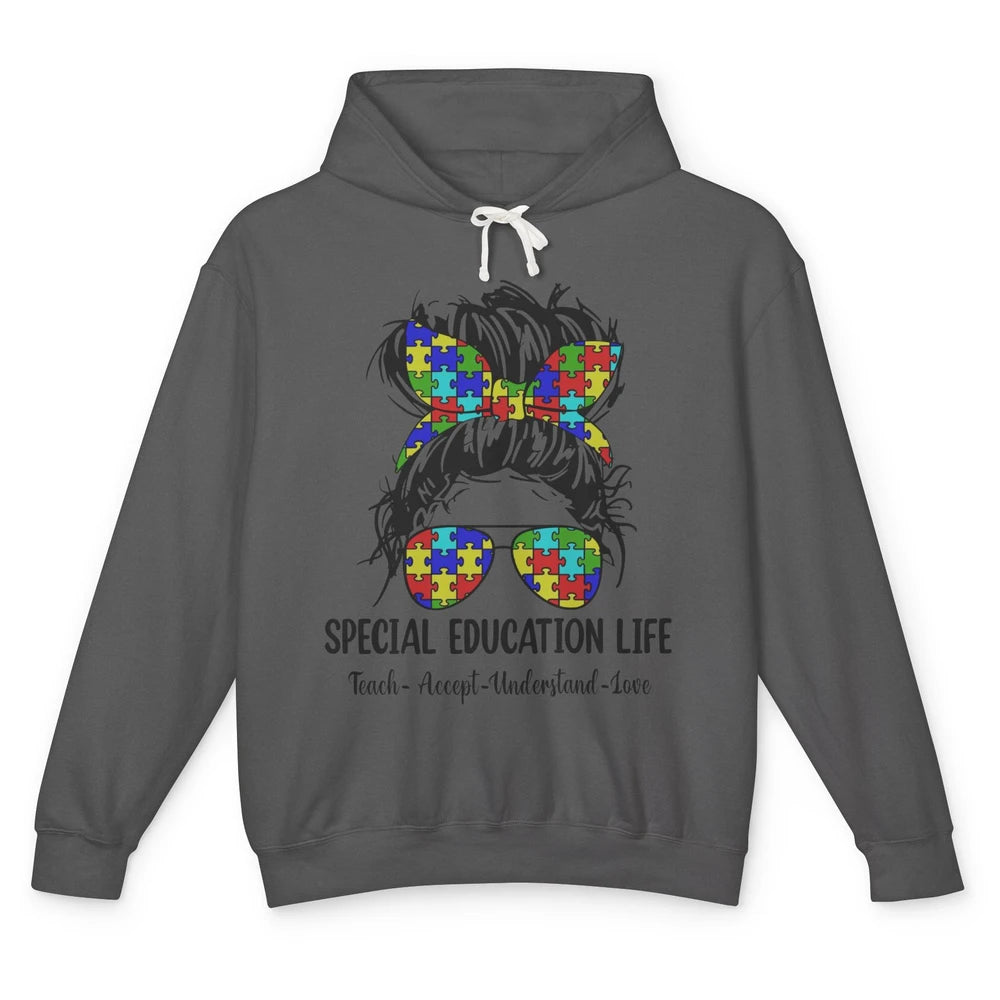 Special Education Teacher Messy Bun Autism Teach Accept Love Unisex Lightweight Hoodie