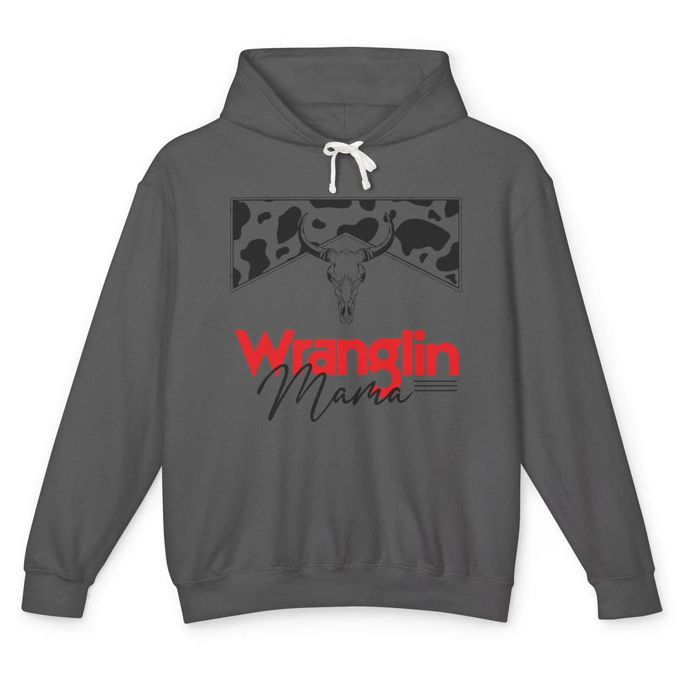 Retro Cowhide Bull Skull Wrangling Mama Western Country Girl Unisex Lightweight Hoodie