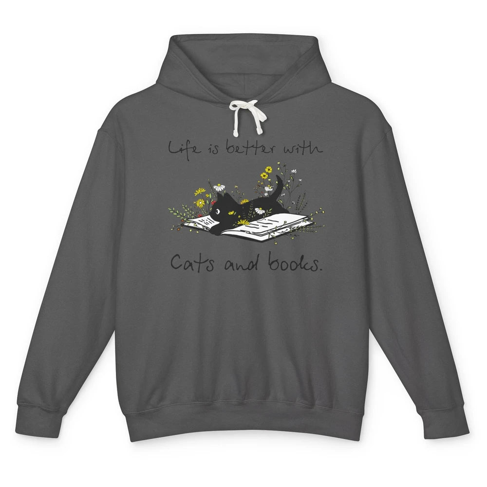 Funny Black Cat And Floral Book Cute Kitten Minimal Flowers Unisex Lightweight Hoodie