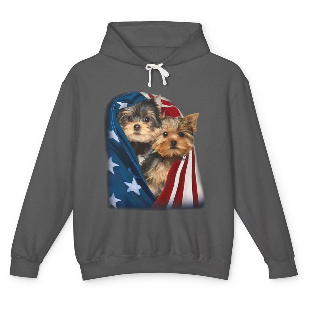 Yorkshire Terrier US Flag July 4th Patriotic Yorkie Puppies Unisex Lightweight Hoodie