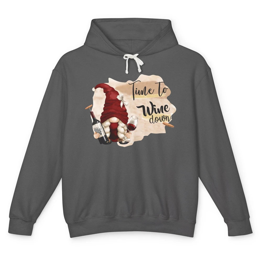 Christmas Gnome Wine It's Time to Wine Down Winter Holiday Unisex Lightweight Hoodie