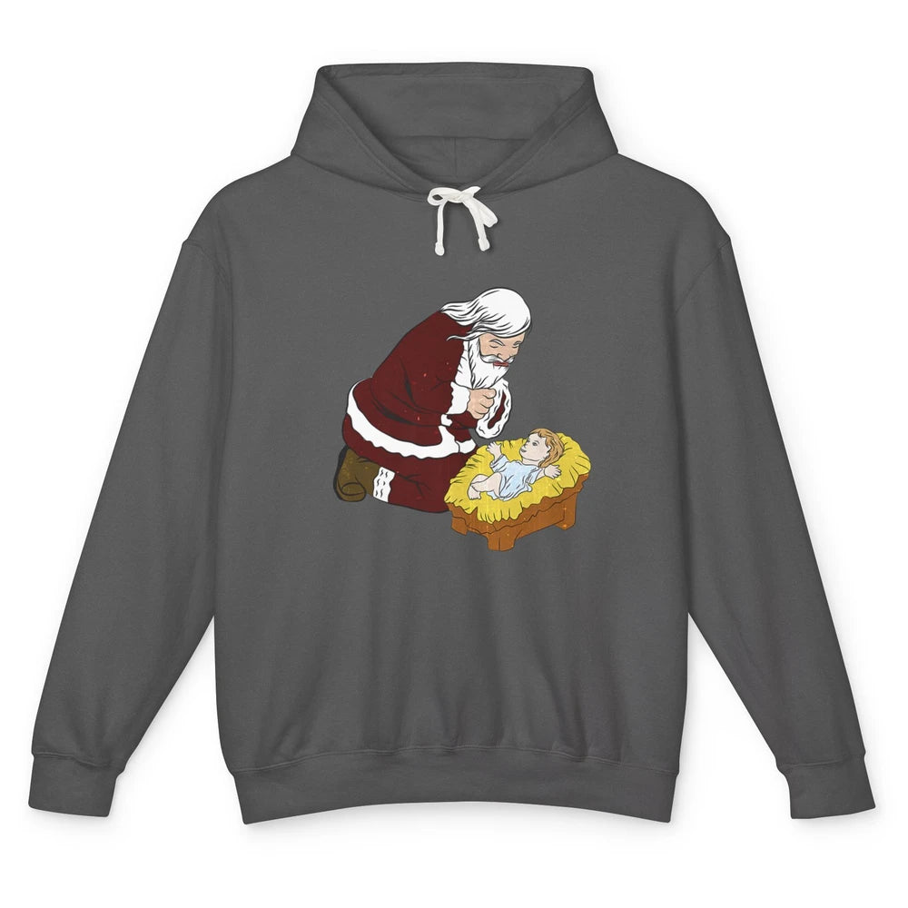 Merry Christmas Kneeling Santa Claus With Baby Jesus Xmas Unisex Lightweight Hoodie