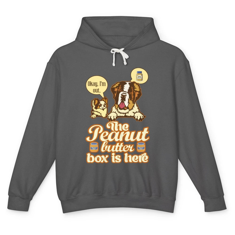 Funny Peanut Butter Box Here St Bernard Dog Sarcastic Puppy Unisex Lightweight Hoodie