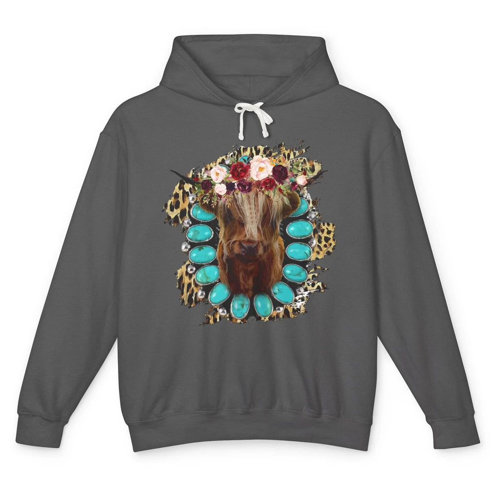 Floral Highland Cow Turquoise Western Country Cowboy Leopard Unisex Lightweight Hoodie