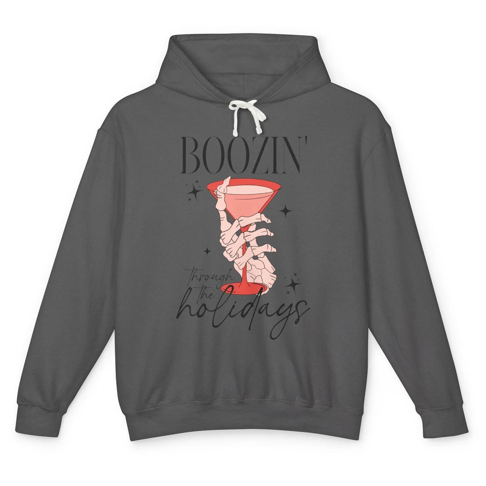 Boozin’ Through The Holidays Christmas Drinking Wine Glass Unisex Lightweight Hoodie