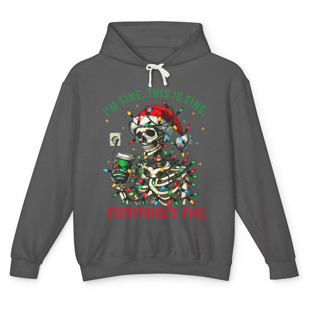 Funny Skull Everything Is Fine Christmas Lights Skeleton Xmas Sarcastic Unisex Lightweight Hoodie