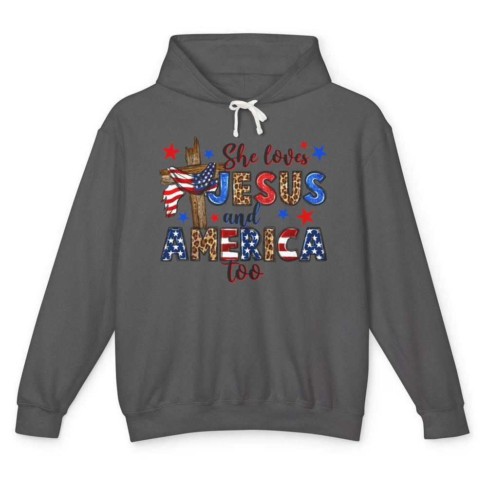 She Loves Jesus And America Too Leopard USA Flag 4th Of July Unisex Lightweight Hoodie