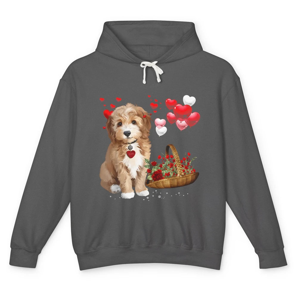 Valentine Goldendoodle Dog Valentine's Day Red Heart Couple Unisex Lightweight Hoodie