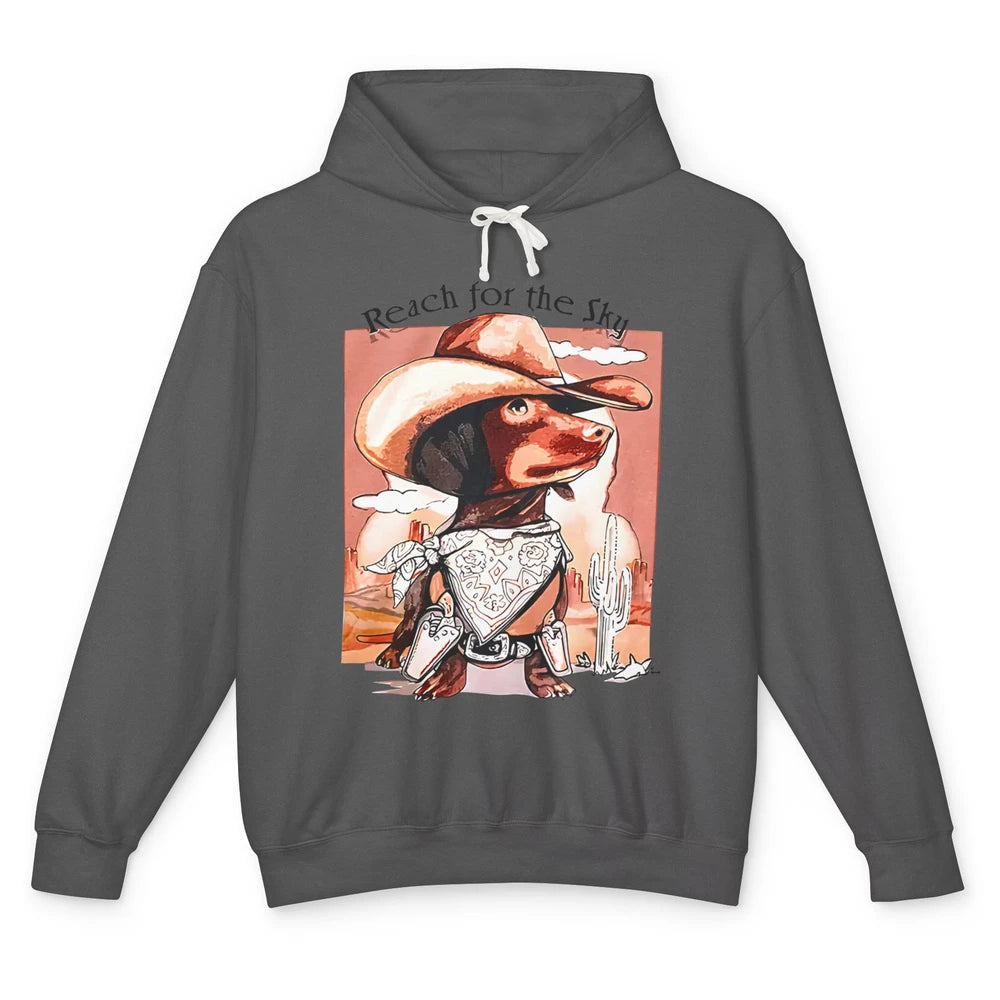 Funny Dachshund Cowboy Hat Reach For The Sky Dog Cactus Unisex Lightweight Hoodie