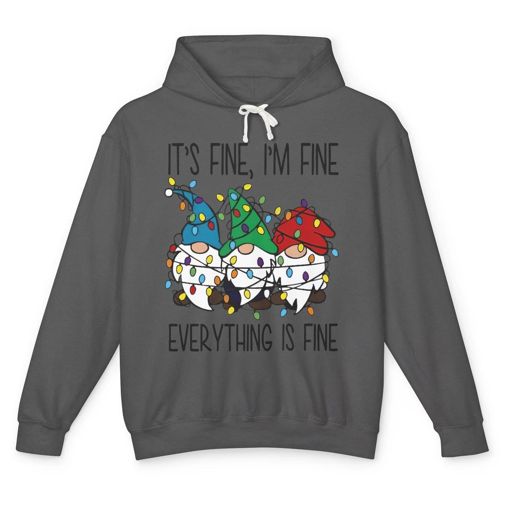 Funny Gnomes Christmas Light I'm Fine Everything's Fine Unisex Lightweight Hoodie