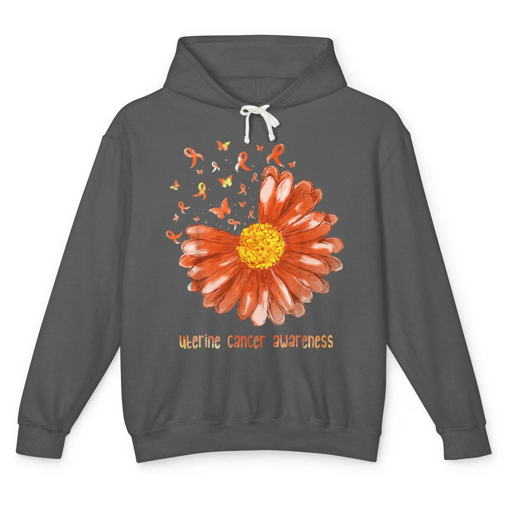 Daisy Butterfly Peach Ribbon Warrior Uterine Cancer Month Unisex Lightweight Hoodie