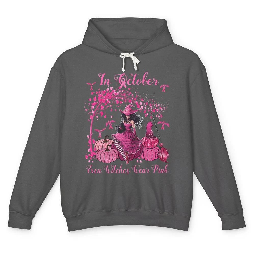 Breast Cancer In October Even Witches Wear Pink Ribbon Fall Unisex Lightweight Hoodie