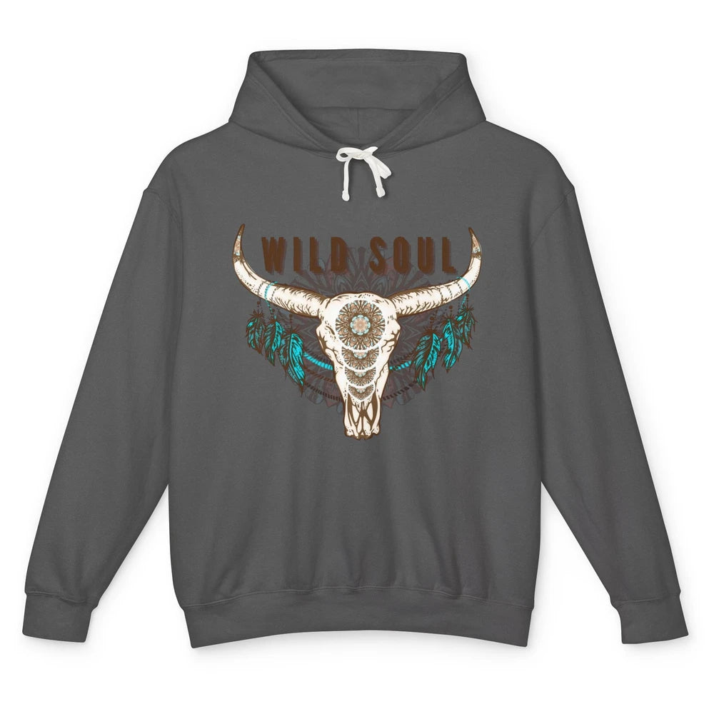 Boho Bull Skull Wild Soul Hippie Cowgirl Western Country Unisex Lightweight Hoodie