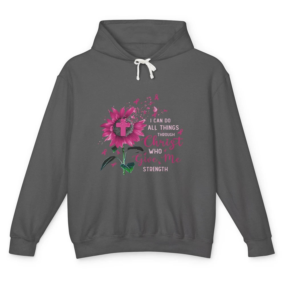 Breast Cancer Month Sunflower God Strength Cross Pink Ribbon Unisex Lightweight Hoodie