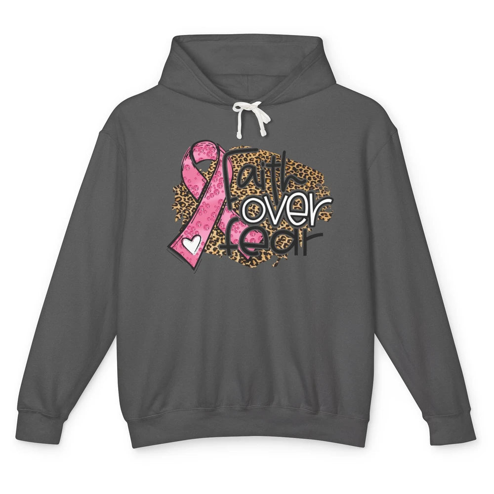 Pink Ribbon Breast Cancer Awareness Faith Over Fear Leopard Unisex Lightweight Hoodie