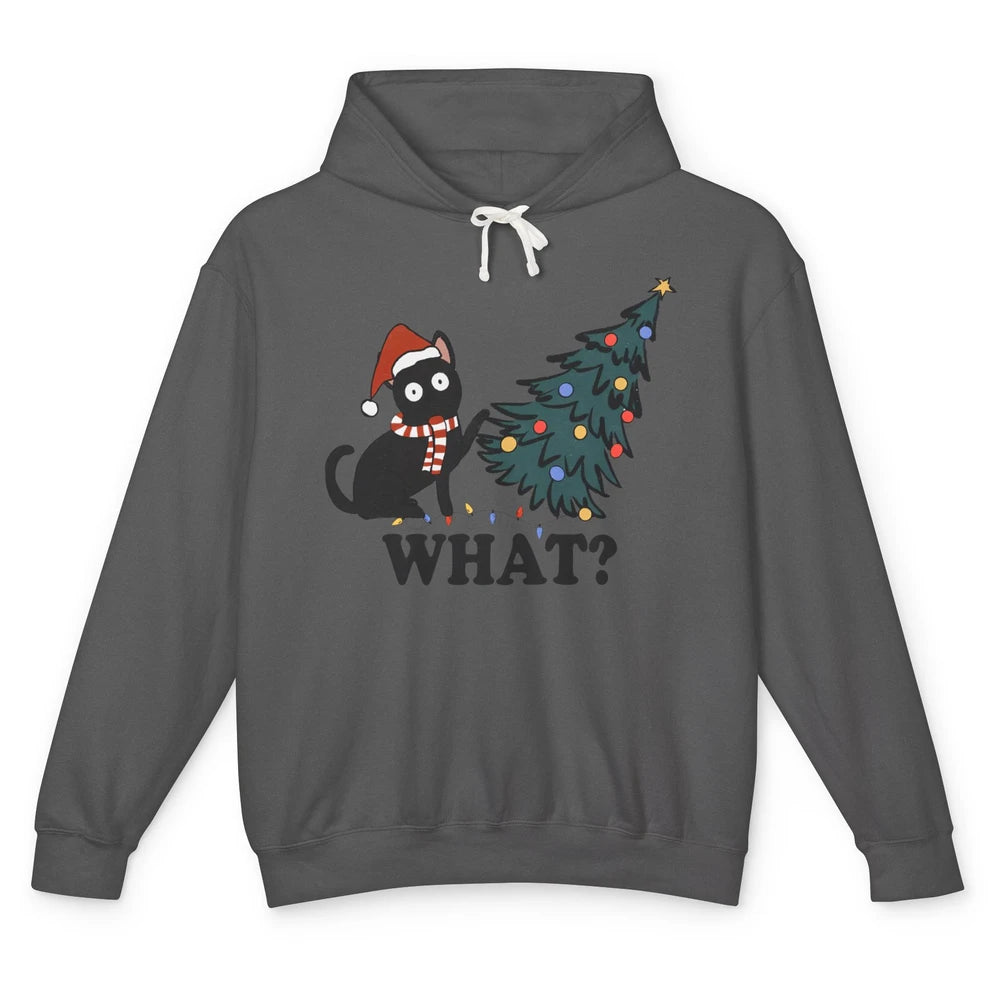 Funny Black Cat Pushing Christmas Tree What? Christmas Cat Unisex Lightweight Hoodie