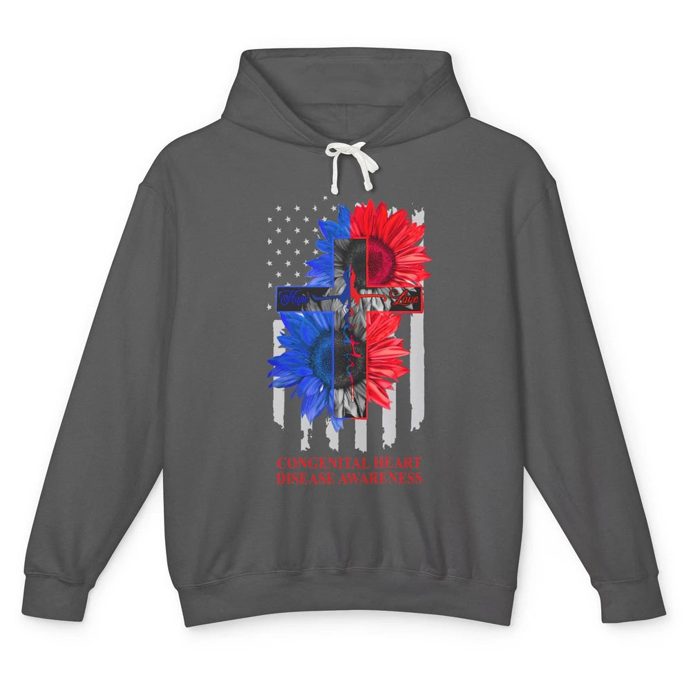 Congenital Heart Disease Awareness US Flag Faith CHD Ribbon Unisex Lightweight Hoodie