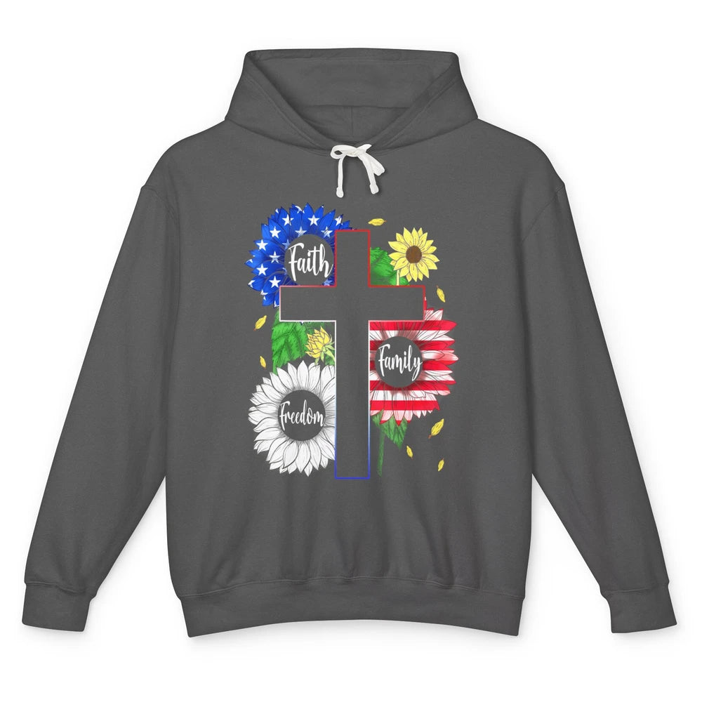 4th July American Flag Cross Faith Family Freedom Christian Unisex Lightweight Hoodie