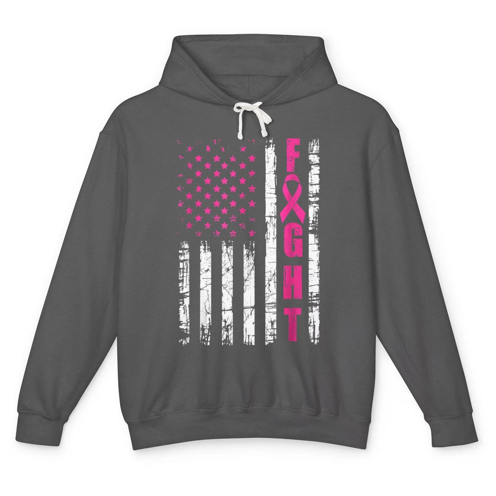 American Flag Fight Vintage Pink Ribbon Breast Cancer Month Unisex Lightweight Hoodie