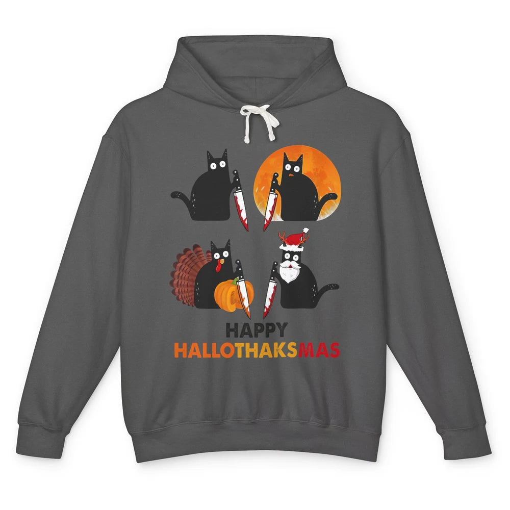 Funny Murderous Cat Turkey Hallo-thank-mas Thanksgiving Xmas Unisex Lightweight Hoodie