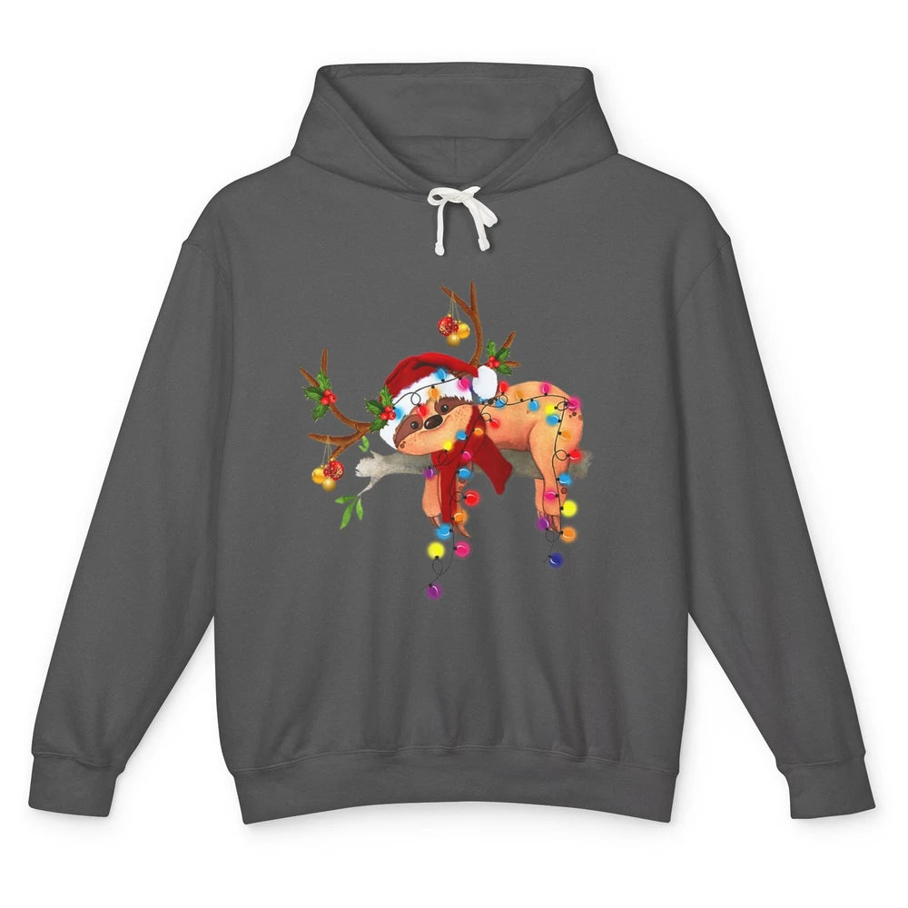 Merry Christmas Santa Claus Hat Sloth Reindeer Xmas Lights Unisex Lightweight Hoodie