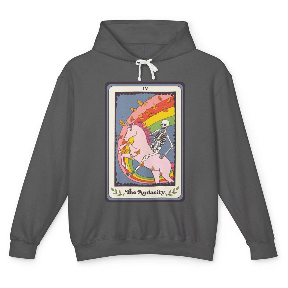 Retro Skeleton Rides Unicorn The Audacity Tarot Card Rainbow Unisex Lightweight Hoodie