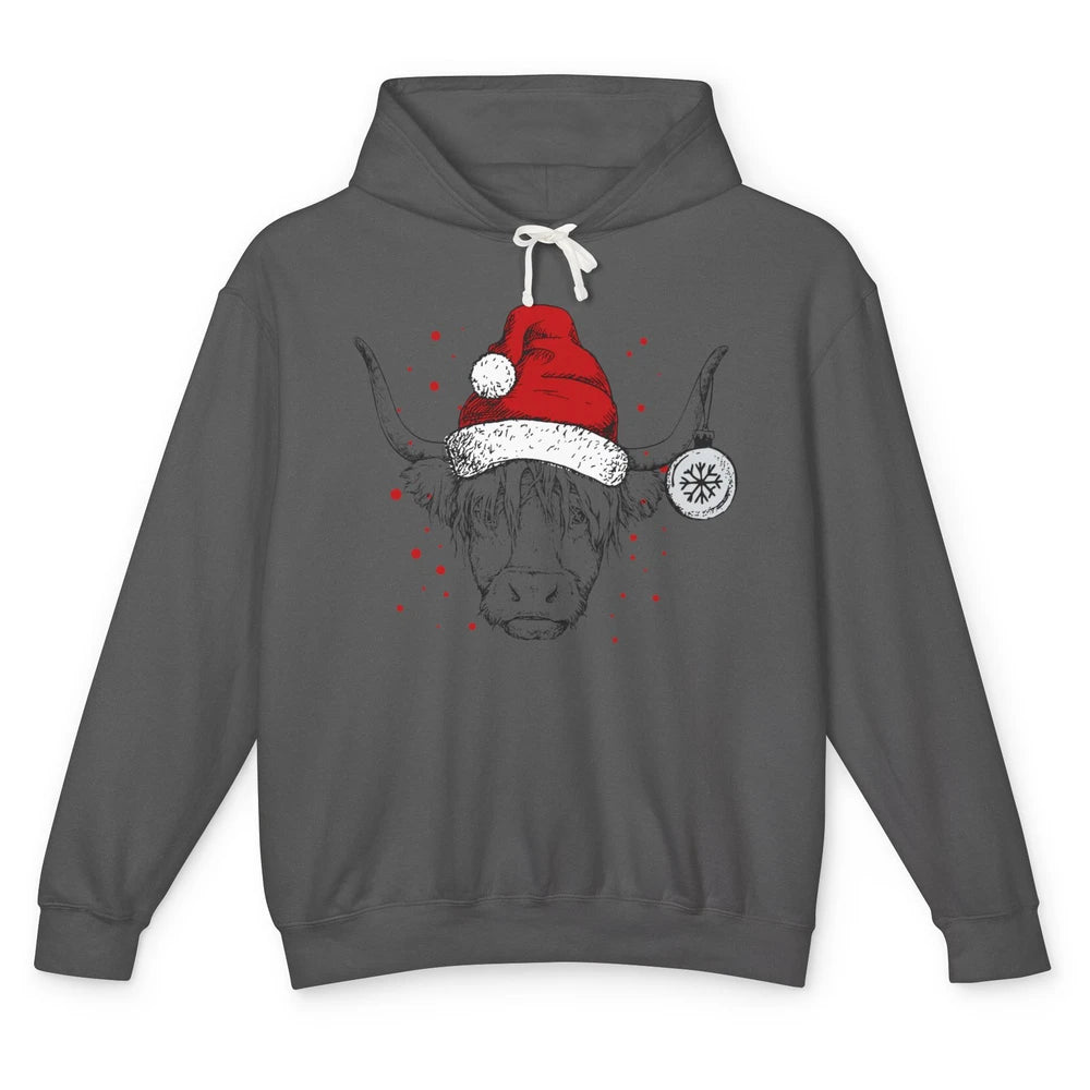 Cute Highland Cow Christmas With Santa Hat Western Xmas Cow Unisex Lightweight Hoodie