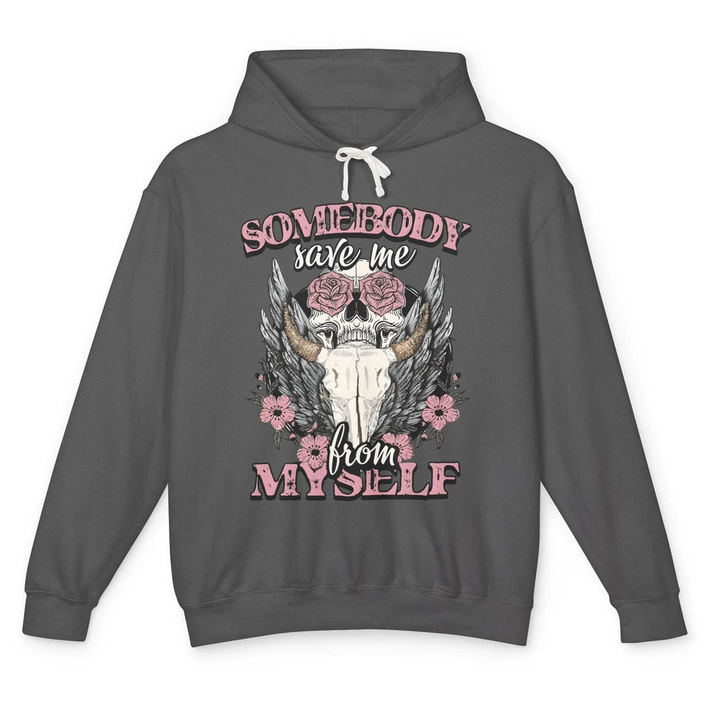 Retro Floral Bull Skull Somebody Save Me From Myself Western Unisex Lightweight Hoodie