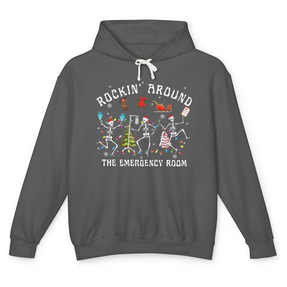 Merry Christmas Rocking Around Emergency Room Skeleton Nurse Unisex Lightweight Hoodie