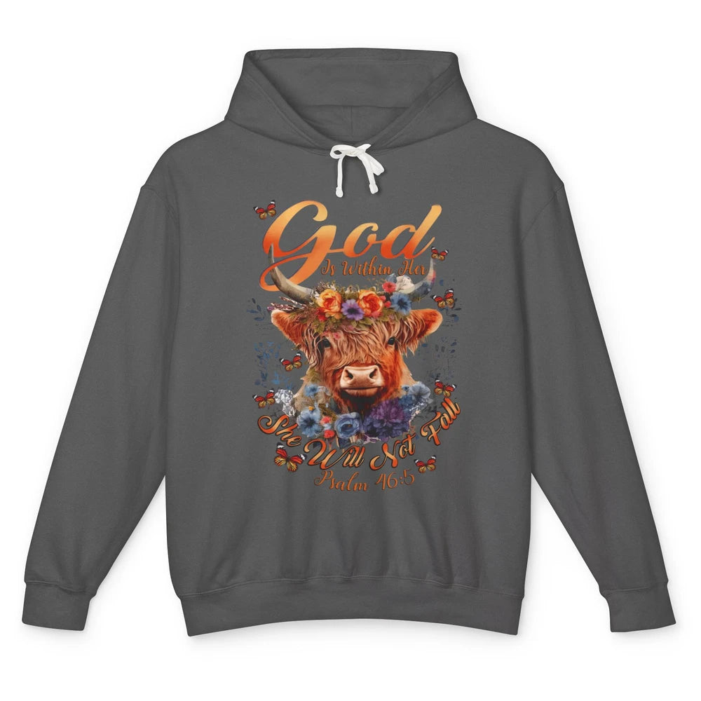 Christian Highland Cow God Is Within Her Bible Religious Unisex Lightweight Hoodie