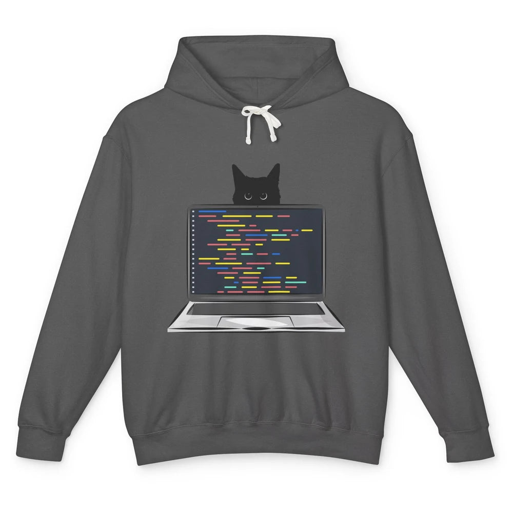 Funny Software Engineer Black Cat Coding Computer Code Humor Unisex Lightweight Hoodie