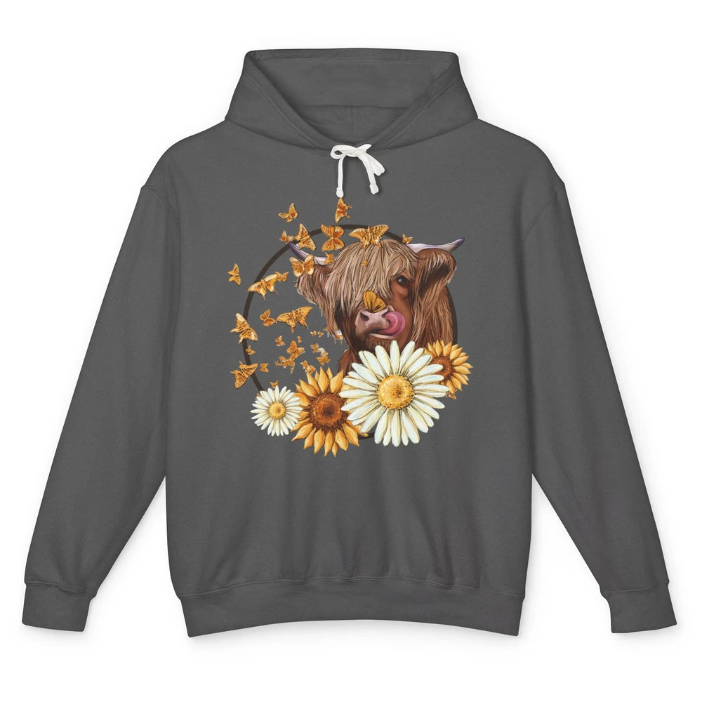 Highland Cow Sunflowers And Daisies Cow Flower Farm Country Unisex Lightweight Hoodie