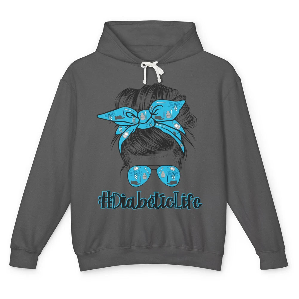 Diabetic Life Mom Messy Bun Blue Ribbon Diabetes Awareness Unisex Lightweight Hoodie