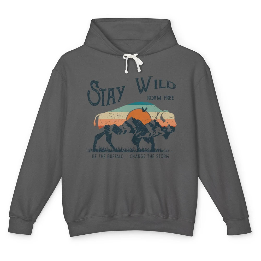 Retro Buffalo Mountain Sunset Stay Wild Roam Free Western Unisex Lightweight Hoodie