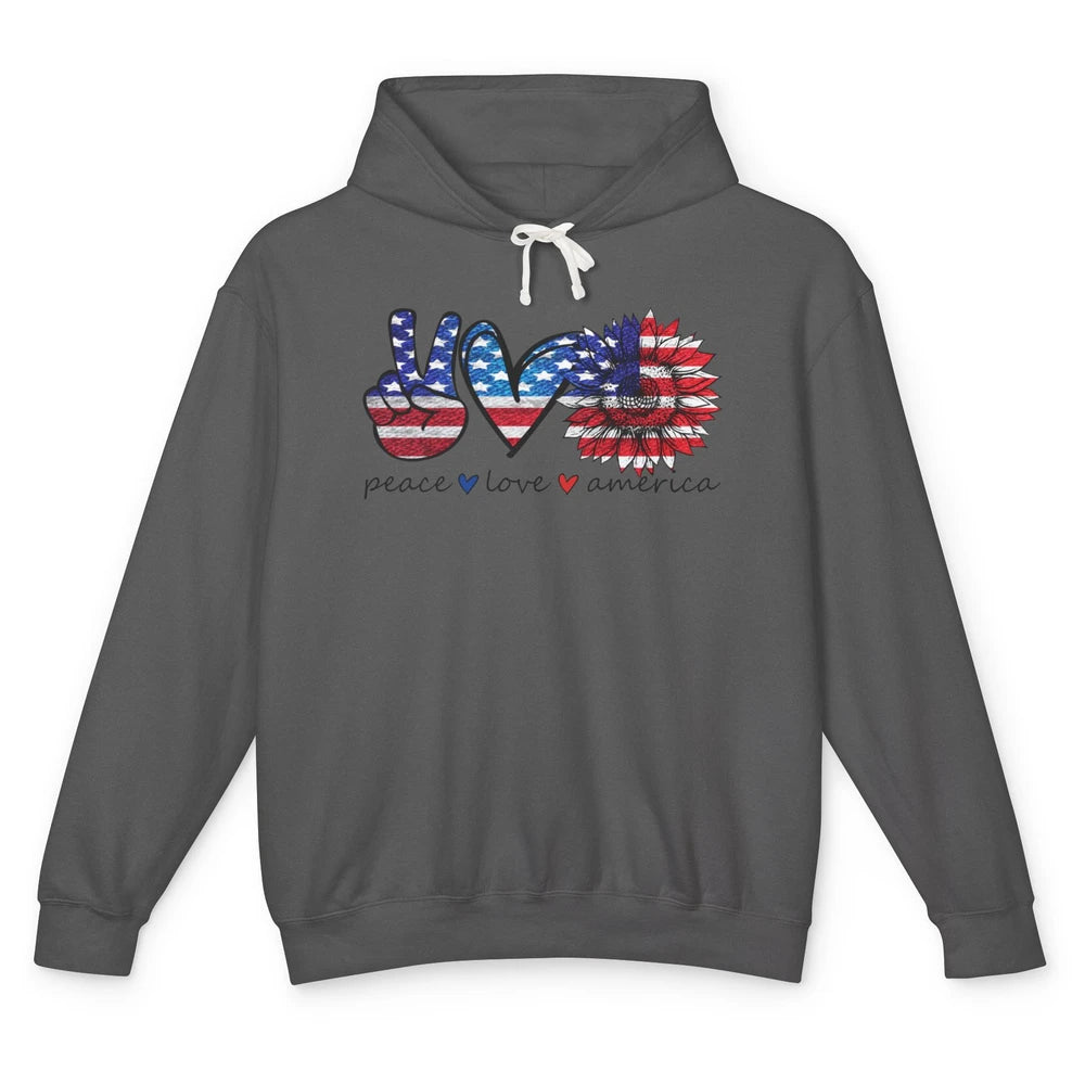 Peace Love America Flag Sunflower 4th of July Memorial Day Unisex Lightweight Hoodie