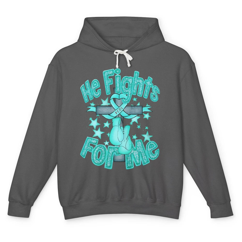 PCOS Awareness He Fights For Me Jesus Cross Teal Ribbon Unisex Lightweight Hoodie