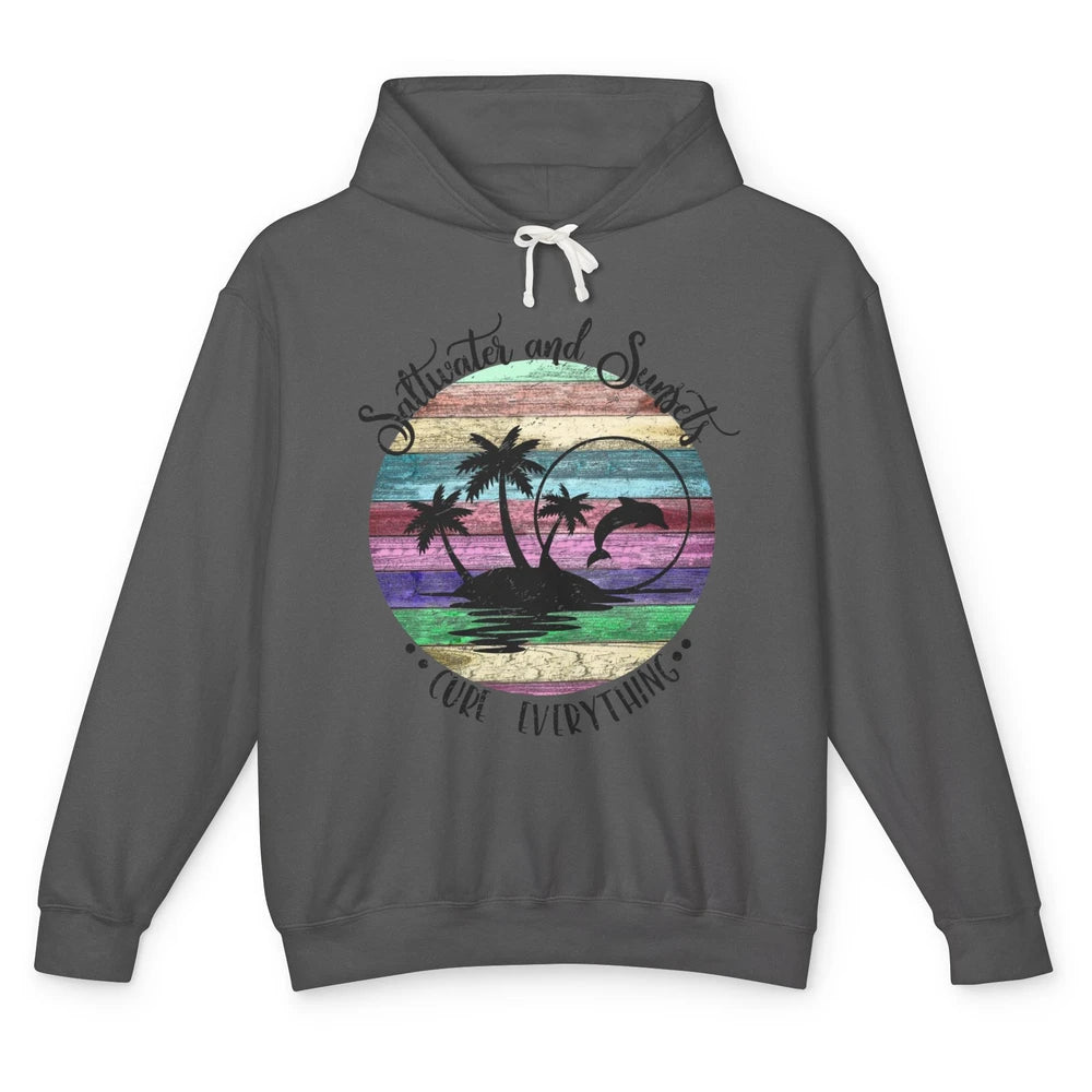 Retro Beach Sunset Saltwater and Sunsets Cure Everything Unisex Lightweight Hoodie