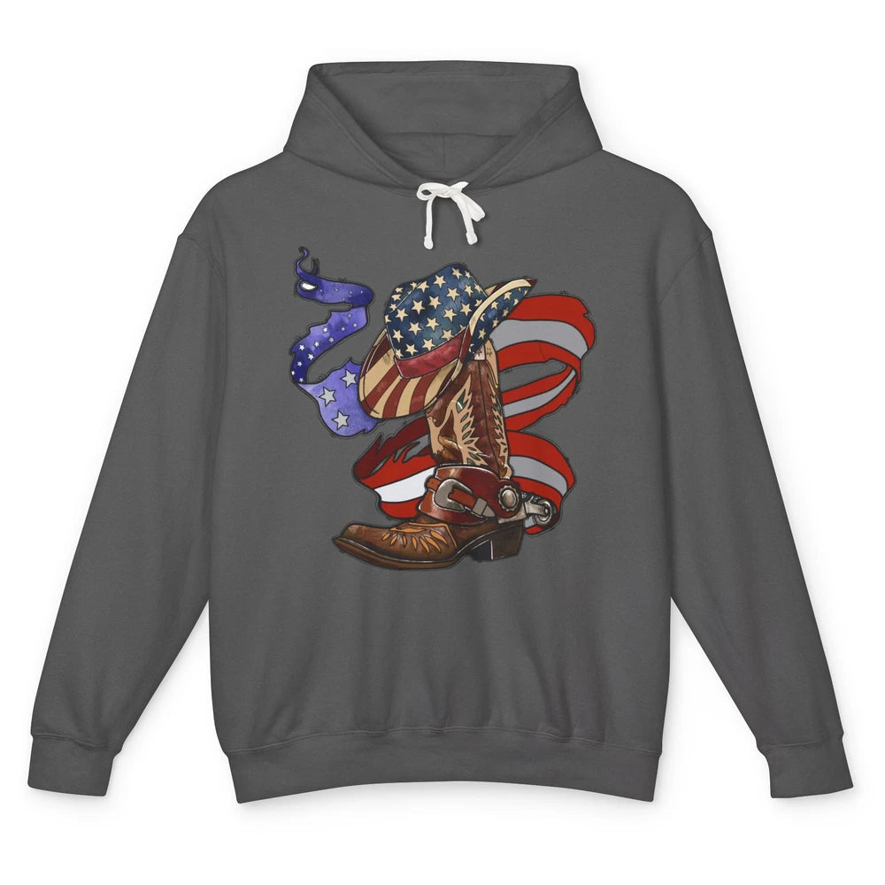 US Flag Cowboy Boots Hat Patriotic Cowboy July 4th Western Unisex Lightweight Hoodie