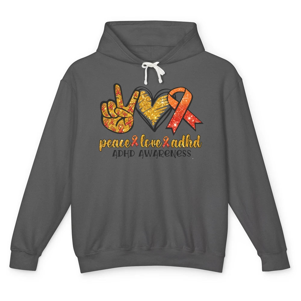 ADHD Awareness Month Peace Love ADHD Orange Ribbon Unisex Lightweight Hoodie