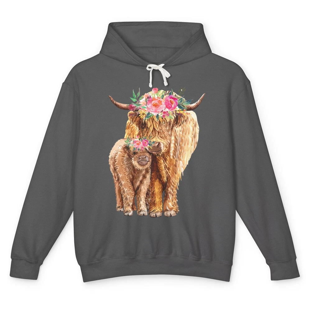 Floral Highland Cow Mom And Baby Western Country Heifer Mom Unisex Lightweight Hoodie