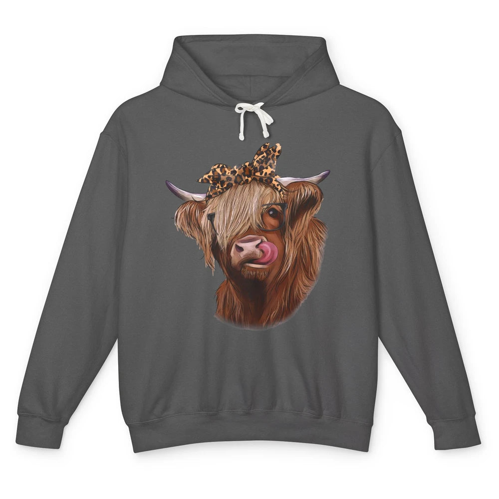 Highland Cow Glasses Leopard Bandana Western Farm Animals Unisex Lightweight Hoodie