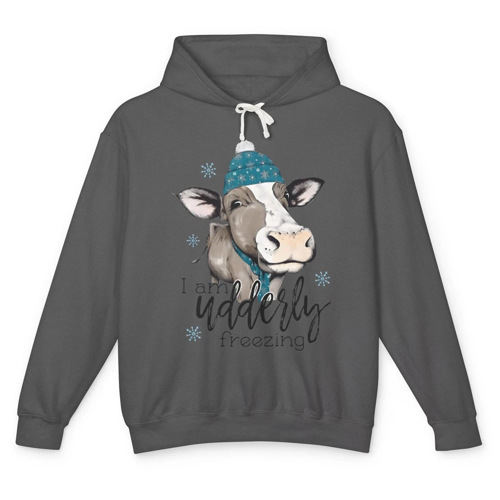 Funny Cow I'm Udderly Freezing Farmer Merry Christmas Winter Unisex Lightweight Hoodie