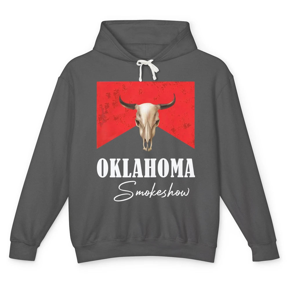 Boho Bull Skull Cow Print Oklahoma Smokeshow Western Country Unisex Lightweight Hoodie