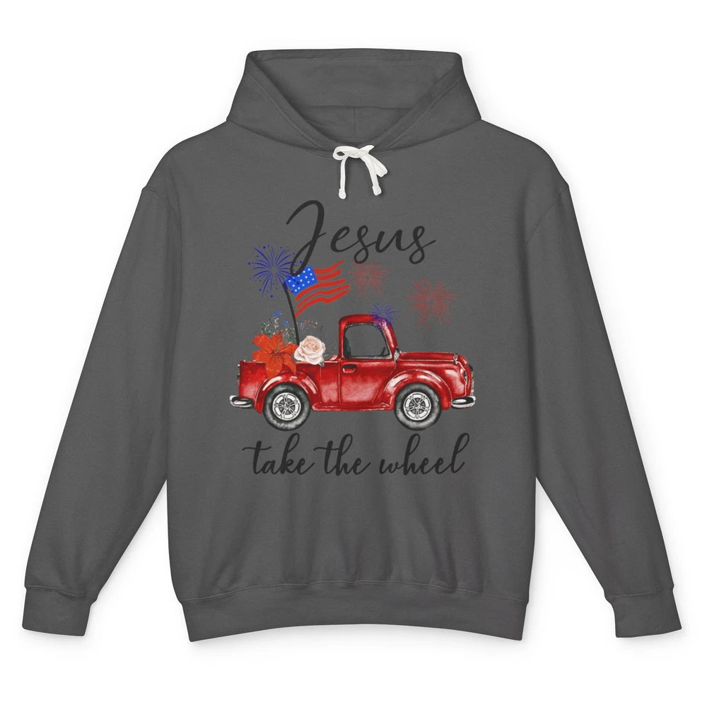 4th Of July Jesus Take The Wheel Red Truck Watercolor God Unisex Lightweight Hoodie