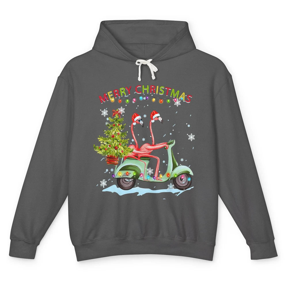 Merry Christmas Flamingos Santa Hat Xmas Lights Motorbike Unisex Lightweight Hoodie