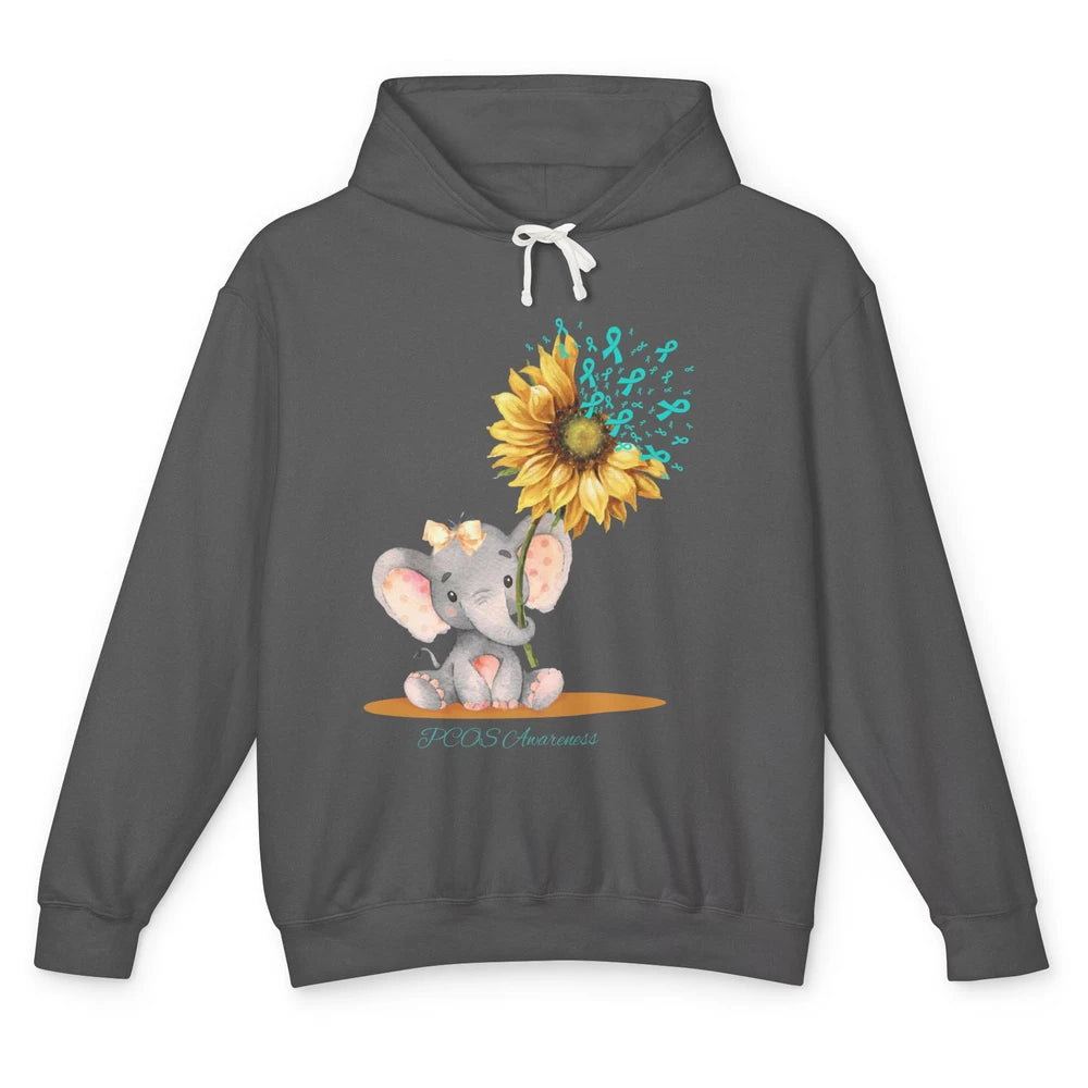 Sunflower Baby Elephant PCOS Awareness Teal Ribbon Elephant Unisex Lightweight Hoodie