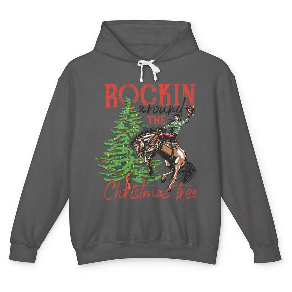 Funny Cowboy Horsing Rocking Around Christmas Tree Western Unisex Lightweight Hoodie